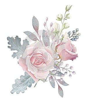 BOUQUET OF PINK ROSES AND WHITE FLOWERS.WEDDING FLORISTICS, POSTCARD FOR VALENTINE\'S DAY. photo